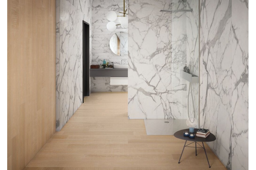 ELEMENTS Lux Calacatta & Natural Sand tile – available in (Lux) 120cm x 240cm & (Sand) 20cm x 120cm format.