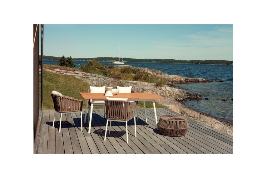 The table tops are made from teak and stone.