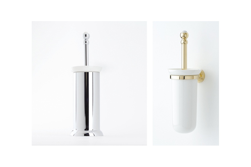 Perrin & Rowe offer wall & freestanding toilet brush holders with black brushes