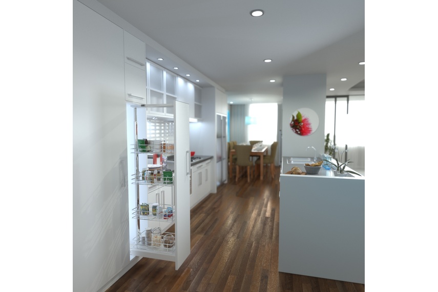 Giamo short pull-out pantry with chromed wire baskets.