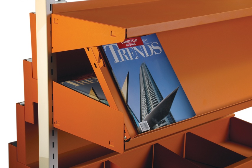 Hinged shelf kit includes sloping shelf for display of new issues and flat storage shelf under