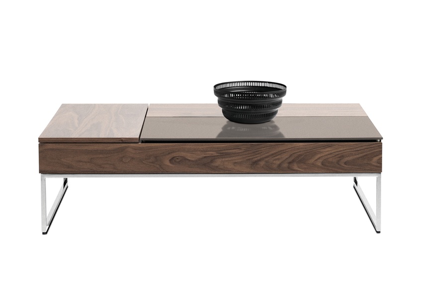 Closed, walnut veneer/dust grey glass/chrome legs