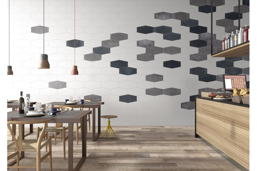 FACTORY Hexagon Matt White, Anthracite & Taupe tile – available in 24cm x 49cm format.