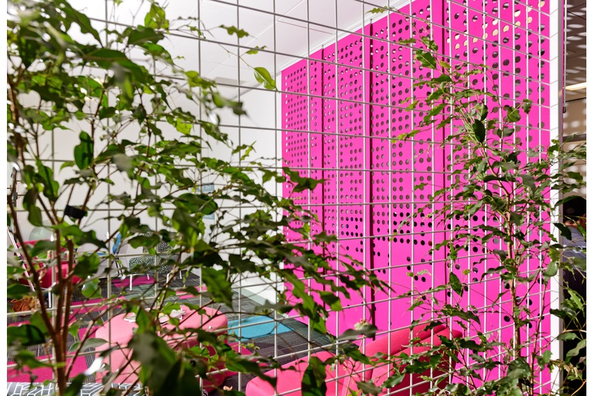 Perforated hanging panels in pink