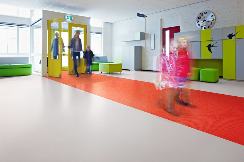Kindergarten entrance using Forbo Sarlon acoustic vinyl.