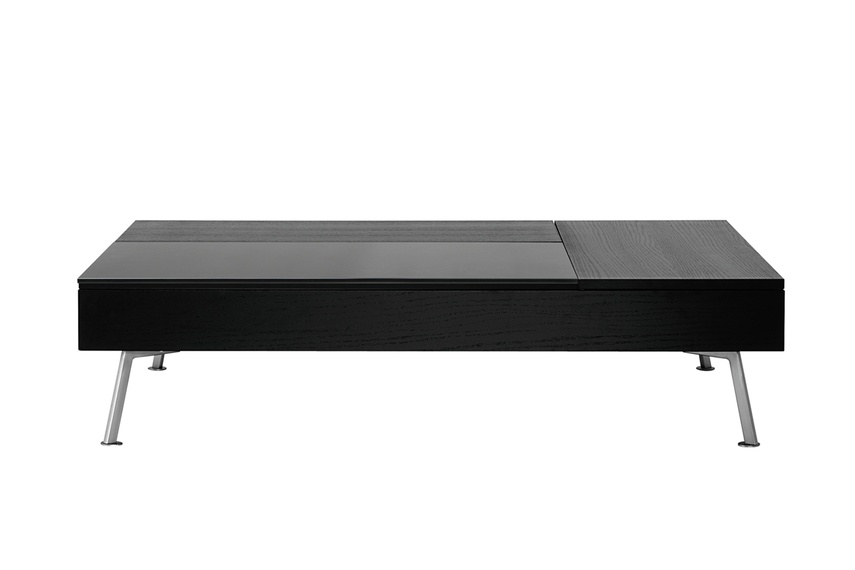 Closed, black stained oak/dust grey glass/brushed steel legs
