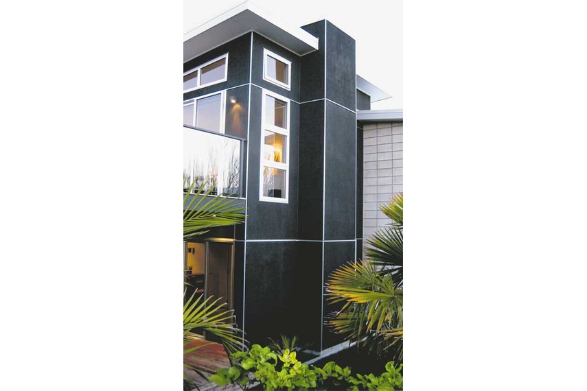 Resene Waterborne Woodsman CoolColour tinted to Resene Pitch Black on texture 2000 plywood