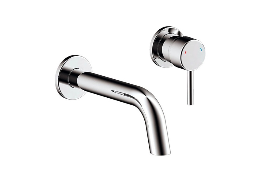Rotunda wall-mounted basin mixer.